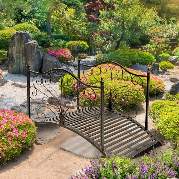 Outsunny 4’ Metal Arch Backyard Garden Bridge with Safety Siderails, Delicate Scrollwork, & Easy Assembly, Black Bronze