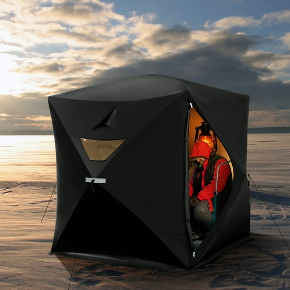 Outsunny 4 People Ice Fishing Shelter, Waterproof Oxford Fabric Portable Pop-up Ice Tent with 2 Doors for Outdoor Fishing, Black