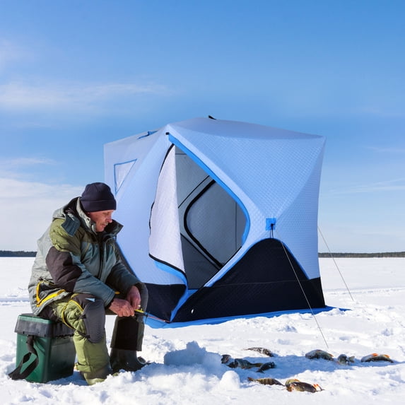 Outsunny 4 Person Ice Fishing Shelter with Padded Walls, Thermal Waterproof Portable Pop Up Ice Tent with 2 Doors, Light Blue