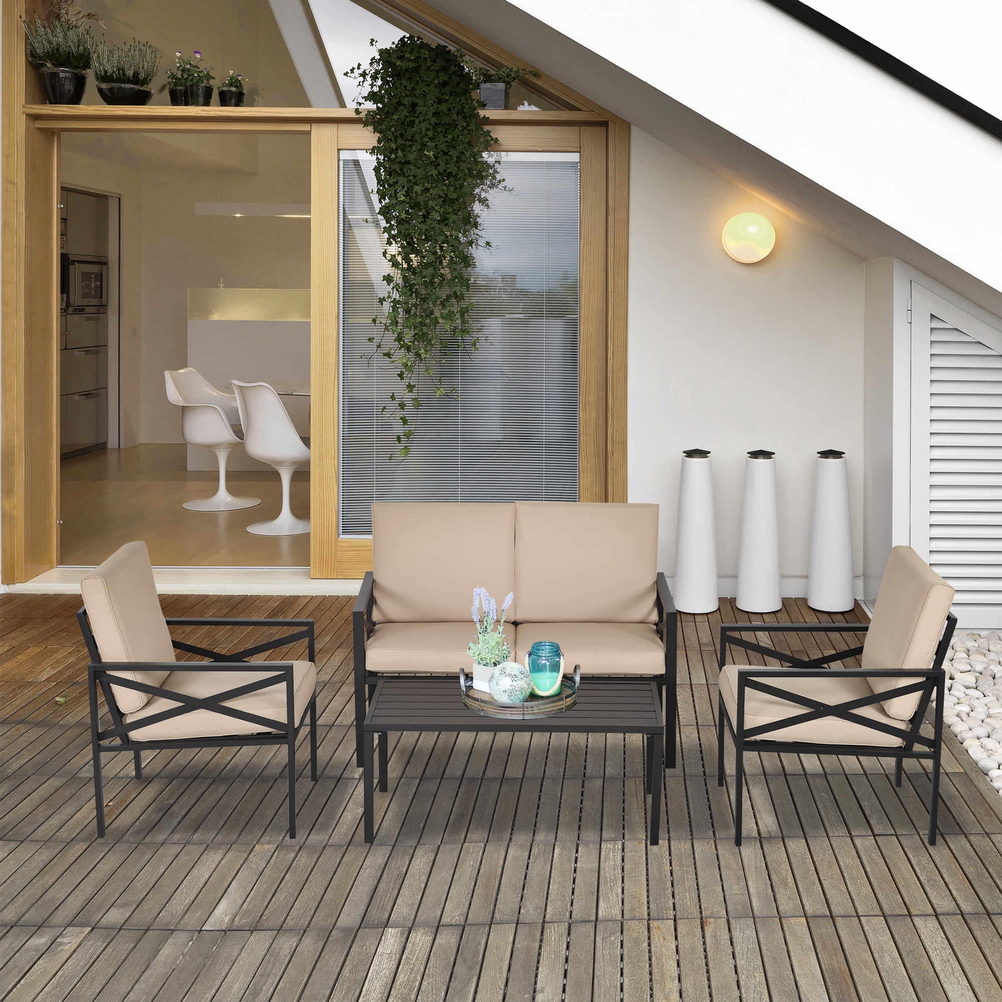 Outsunny 4-Piece Patio Furniture Set Garden Conversation Set with Soft ...