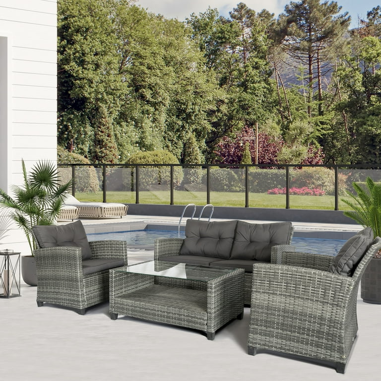 Outsunny 4 Piece Patio Furniture Set Wicker Loveseat Chairs Table
