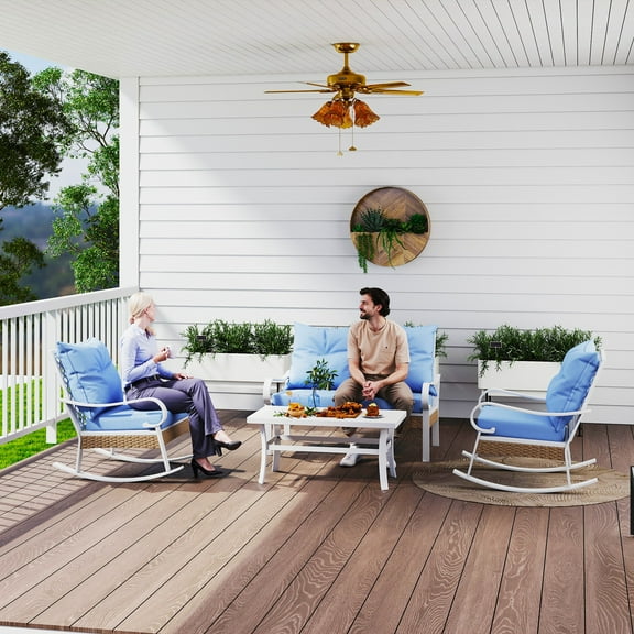Outsunny 4 Piece Patio Furniture Set with Loveseat Sofa, Rocking Chairs, Coffee Table, Outdoor Conversation Set, Light Blue