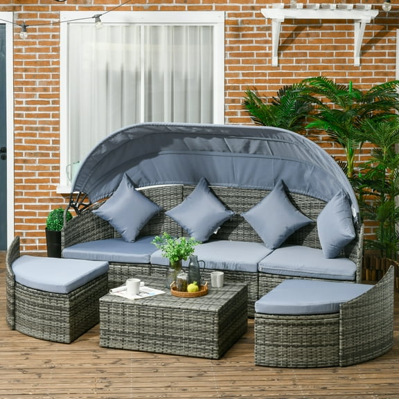 Outsunny Outdoor Round Daybed 4 Piece Wicker Outdoor Rattan Sofa with Canopy, Cushions, Pillows Patio Bed Sets for Garden Backyard, Light Gray