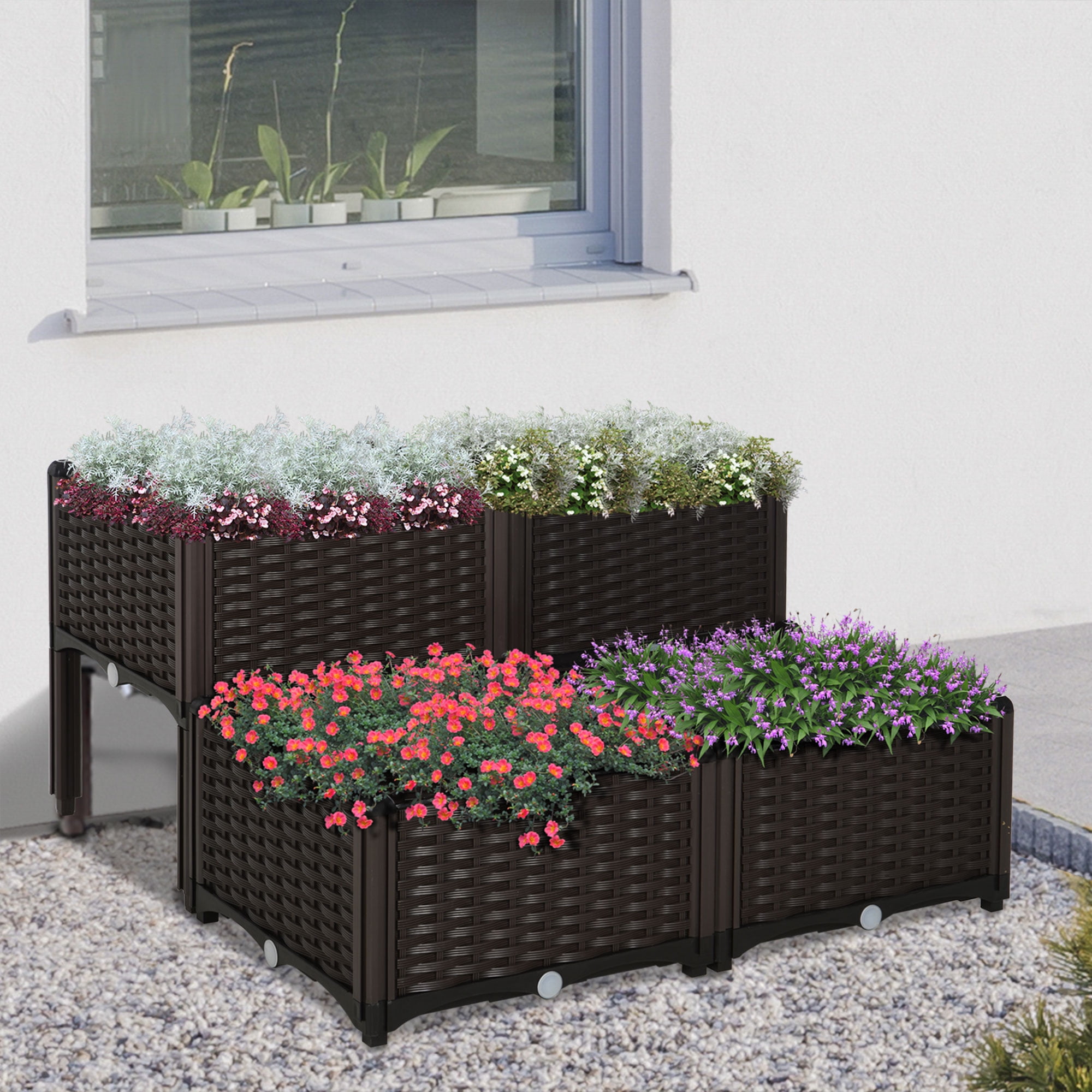 Brown 4-Piece Plastic Raised Garden Bed Planter Set