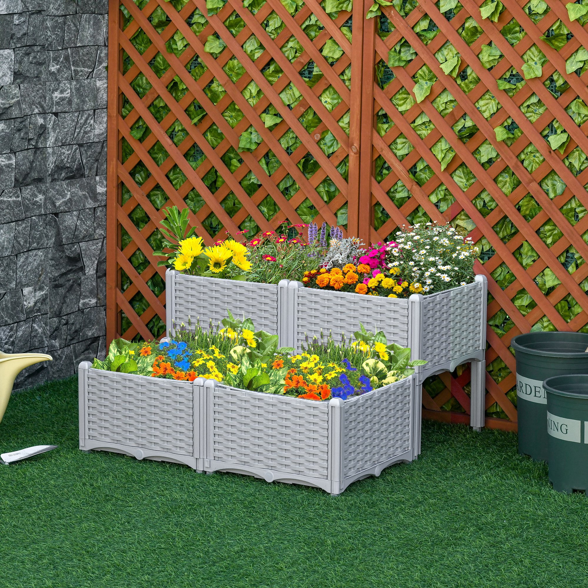 Gray 4-Piece Raised Garden Bed Planter with Self-Watering Design