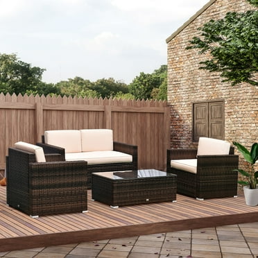 Outsunny 4-Piece Rattan Furniture Set, Chairs, Loveseat, and Table, Beige