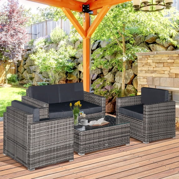 Outsunny 4-Piece Rattan Furniture Set, Chairs, Loveseat, and Table, Black