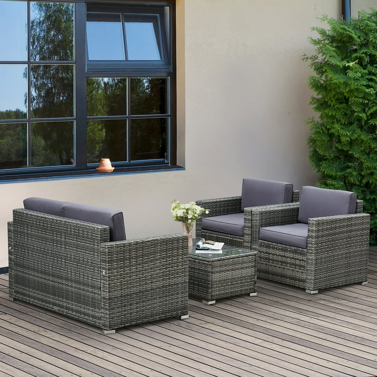Outsunny 4 Piece Rattan Furniture Set Chairs Loveseat and Table Gray