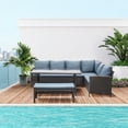 thumbnail image 1 of Outsunny 4 Pieces Patio Wicker Dining Sets, Outdoor PE Rattan Sectional Conversation Set with Cushions & Dining Table, Bench for Garden, Backyard, Lawn, Gray, 1 of 9