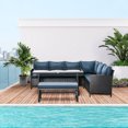 thumbnail image 1 of Outsunny 4 Pieces Patio Wicker Dining Sets, Outdoor PE Rattan Sectional Conversation Set with Cushions & Dining Table, Bench for Garden, Backyard, Lawn, Navy Blue, 1 of 9