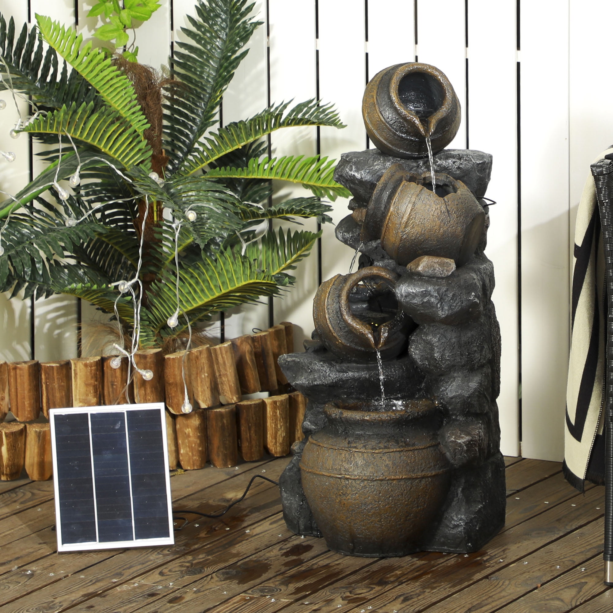 Outsunny 4-Tier 28.3" Resin Solar Water Fountain with LED Lights and Pump for Outdoor Use
