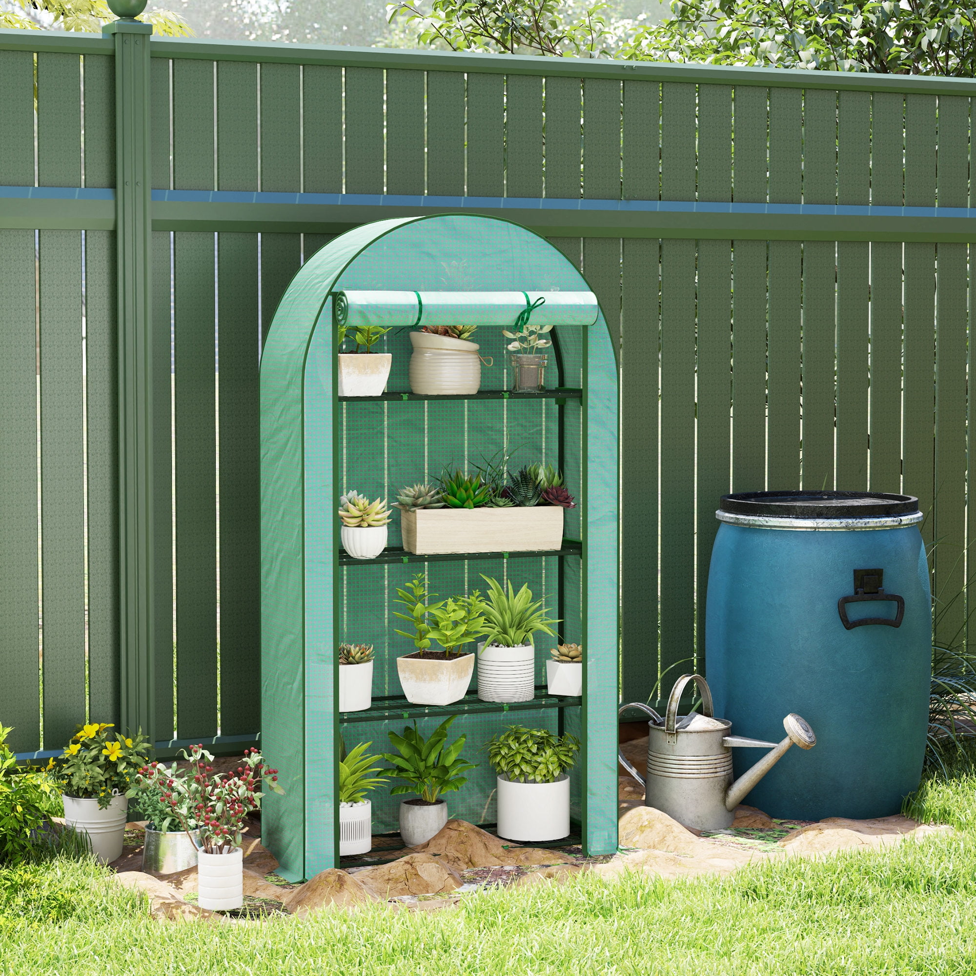 Outsunny 4 Tier Mini Greenhouse, Portable Greenhouse with Roll-Up Door, and Weatherized Plastic Cover, Green