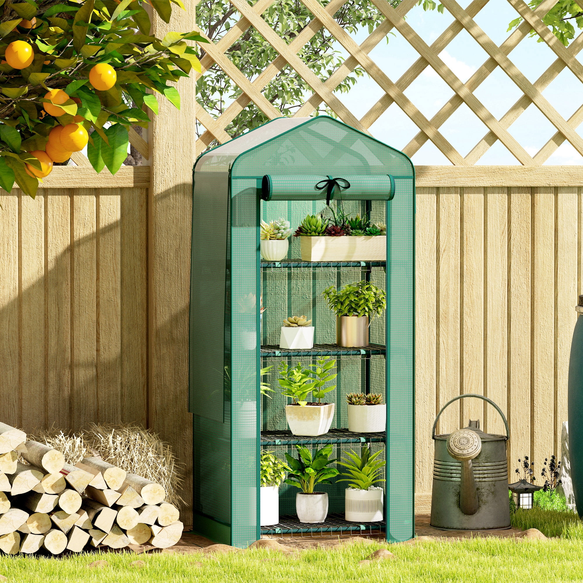 Outsunny 4 Tier Mini Greenhouse with Screen Roof, 27.6" x 19.7" x 62.2", Portable Small Greenhouse with High Strength PE Cover, Green