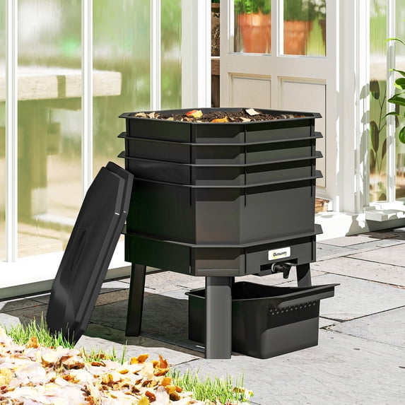 Outsunny 4-Tray Worm Composter Bin, 7.4 Gal Outdoor & Indoor Worm Composter for Recycling Food Waste, Black