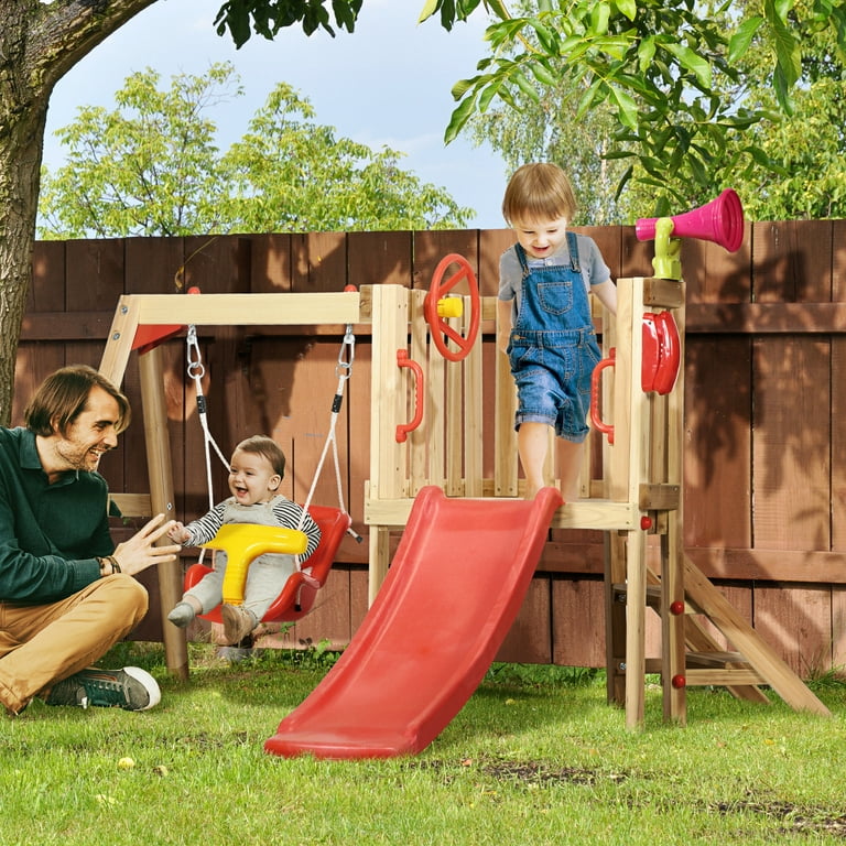 Outsunny 4 in 1 Wooden Swing Set with Swing Slide Horn Steering Wheel Red