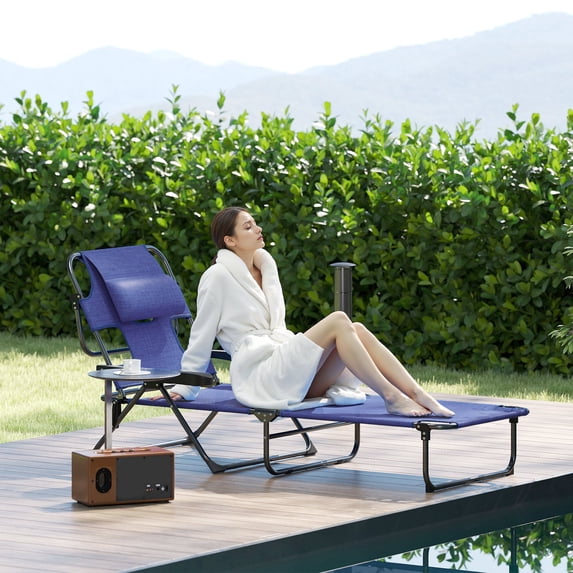 Outsunny 4-level Reclining Back Outdoor Chaise Lounge Chair, Reading Hole Include Tanning Chair, Navy Blue
