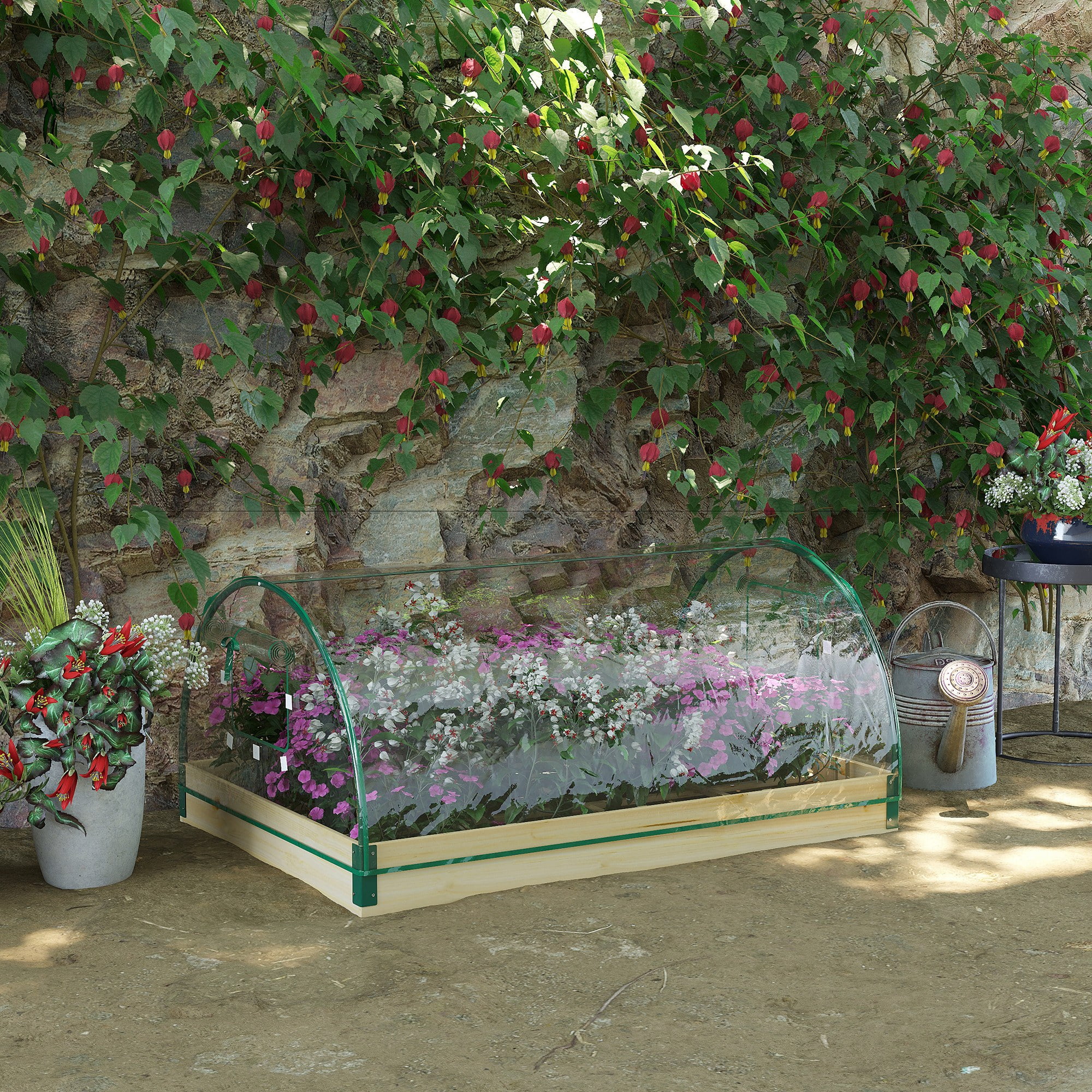 Natural Wood Raised Garden Bed with PVC Greenhouse Cover