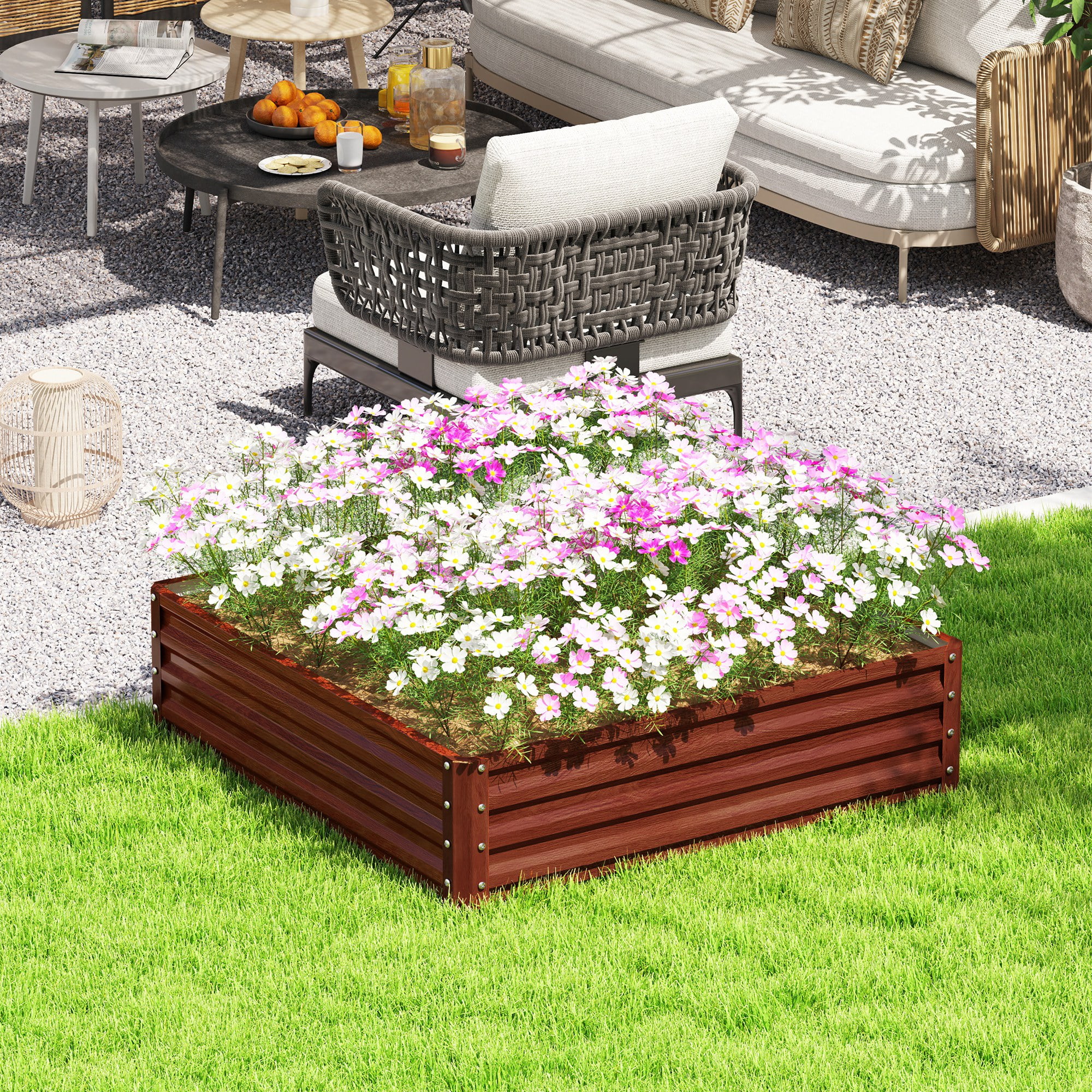 Natural Wood and Galvanized Steel Outdoor Raised Garden Bed