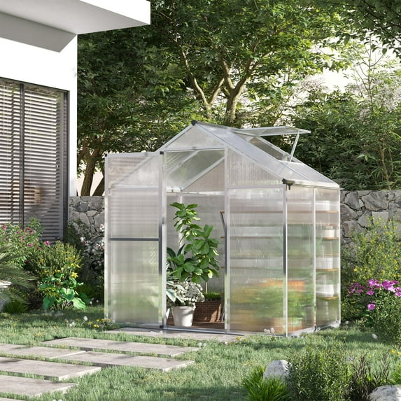 Outsunny 4' L x 6' W Walk-In Polycarbonate Greenhouse with Roof Vent for Ventilation & Rain Gutter, Hobby Greenhouse for Winter