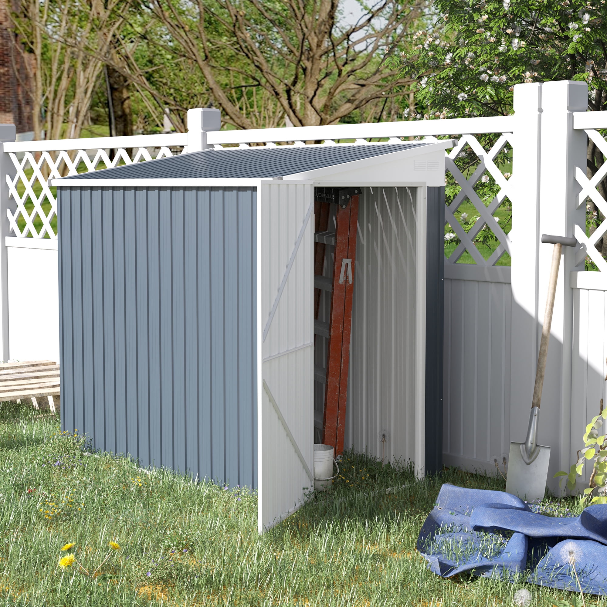 4' x 8' Gray Metal Lean-to Storage Shed with Windows