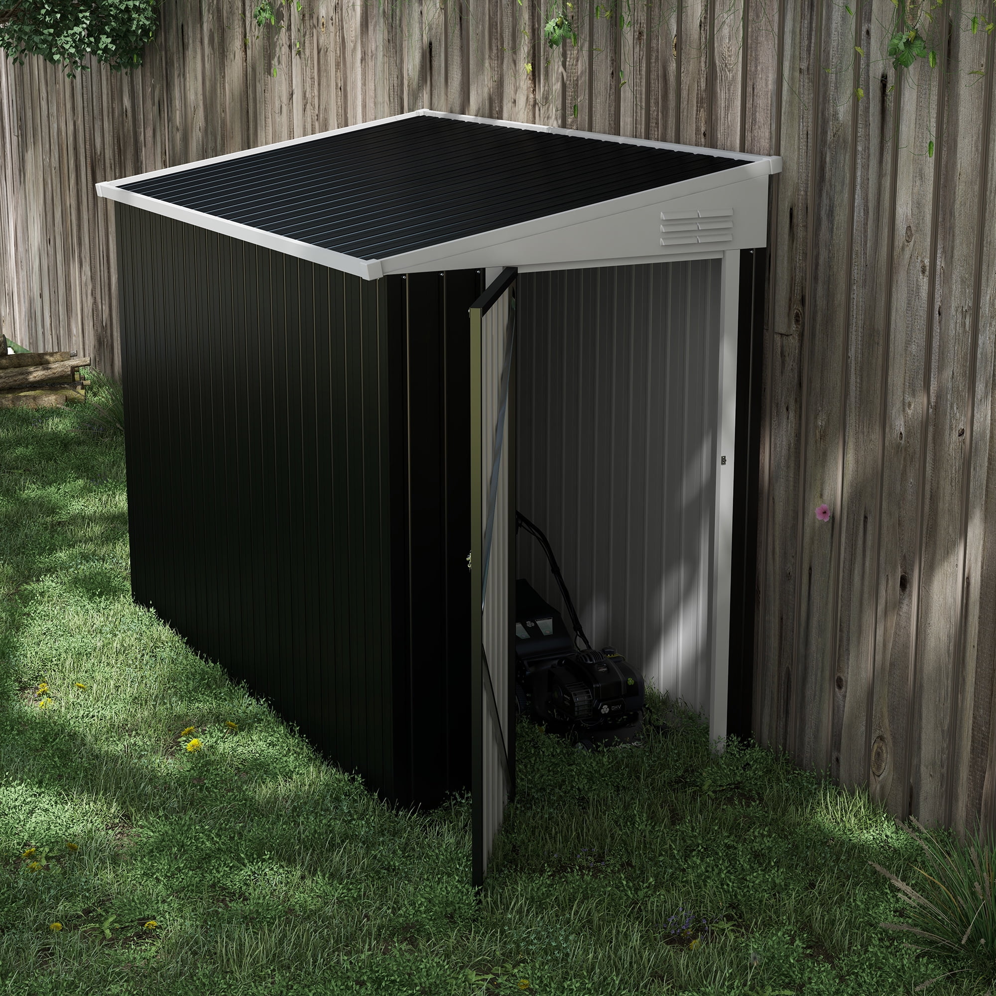 Outsunny 4' x 8' Steel Garden Storage Shed, Lean to Shed Outdoor Metal Tool House with Lockable Door & Air Vents for Backyard Patio Lawn, Dark Gray