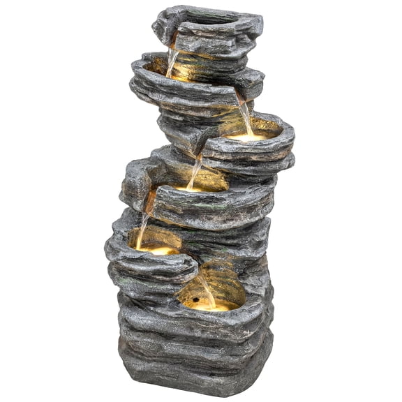 Outsunny 40" Outdoor Water Fountain, 6-Tier Cascading Rock Design with 5 Warm LED Lights, Weatherproof Resin Garden Water Feature for Patio, Backyard, Balcony and Yard, Gray