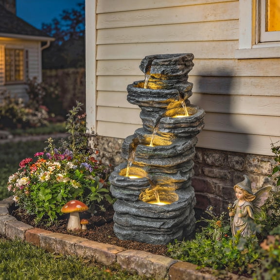 Outsunny 40" Tall Outdoor Waterfall Fountain with LED Lights, 6-Tier Cascading Waterfall Feature with Pump, Gray