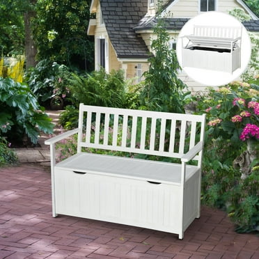 Outsunny 41 Gallon Outdoor Storage Bench, Wooden Deck Box with Inner Waterproof PE Lining, 2-Seat Container for Patio Garden Balcony Yard, White