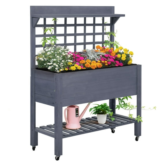 Outsunny 41" Raised Garden Bed with Trellis on Wheels, Wooden Elevated Planter Box with Legs and Bed Liner, for Flowers, Herbs & Vegetables, Gray