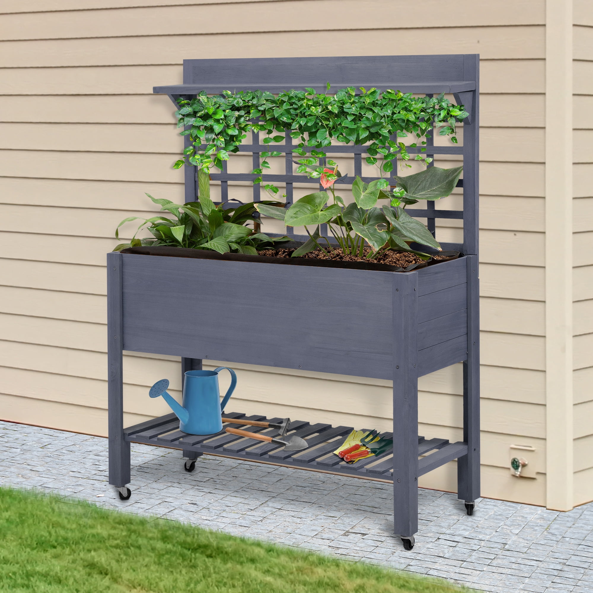 Gray Cedar Raised Garden Bed with Trellis and Storage Shelves