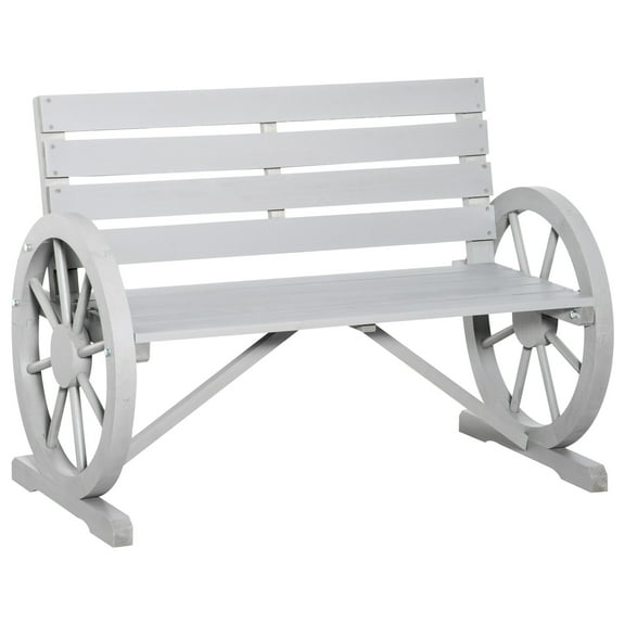 Outsunny 41" Wooden Wagon Wheel Bench Rustic Outdoor Patio Weather Resistance Furniture 2-Person Slatted Seat Bench with Backrest Light Gray