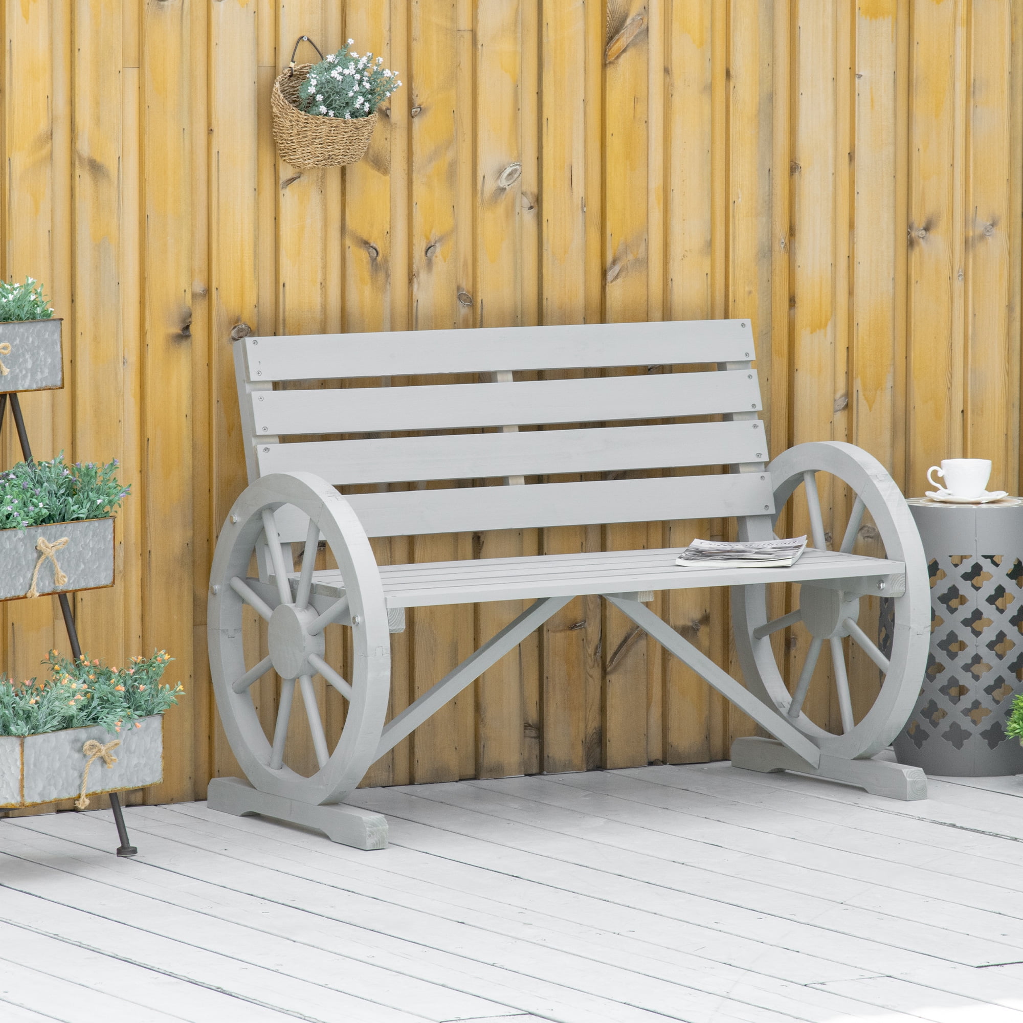 Charcoal Gray Fir Wood Wagon Wheel Outdoor Bench
