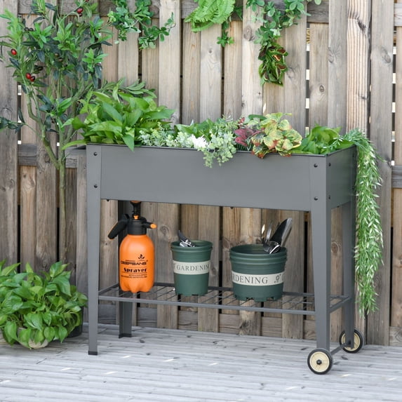 Outsunny 41" x 15" x 32" Raised Garden Bed Elevated with 2 Wheels, Bottom Shelf for Storing Tools, & Water Drainage Hole, gray