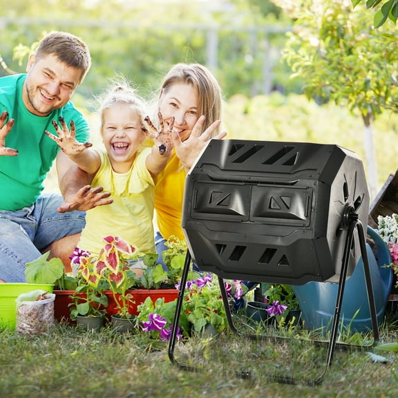 Outsunny 43 gal Black Plastic Dual Chamber Tumbling Composting Bin with 360° Rotating System