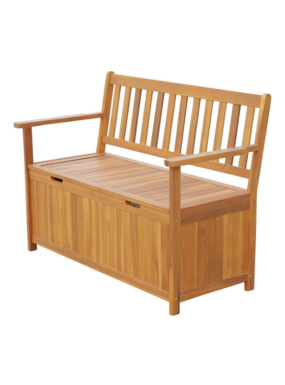 Outsunny 47.25" Wooden Outdoor Storage Bench with PE Lining Deck Box Storage Container and Seat Teak