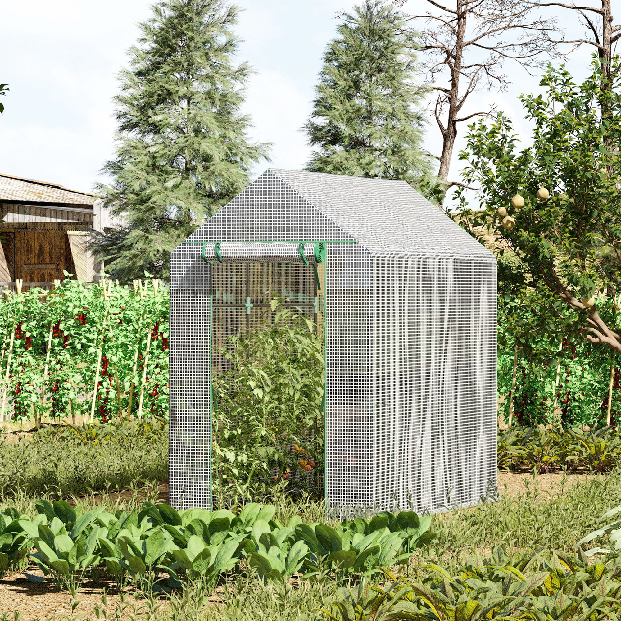 White Steel Walk-In Greenhouse with Shelves and Roll-Up Door