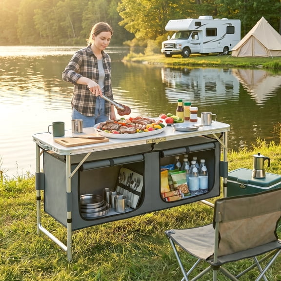 Outsunny 47" Aluminum Folding Camping Table, Outdoor Picnic Table with Carrying Handle And Storage Organizer Cabinets