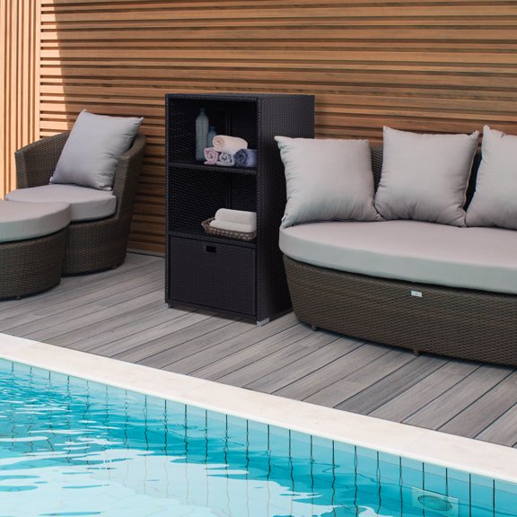 Outsunny Patio Wicker Pool Caddy, PE Rattan Storage Cabinet Holder, Outdoor Towel Rack for Pool for Space Saving Design, Gray