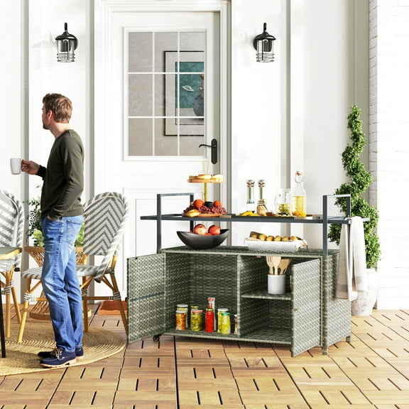 Outsunny 2-Tier Shelf PE Rattan Outdoor Bar Table, Glass Top Patio Serving Cart with Cabinet, Mixed Gray