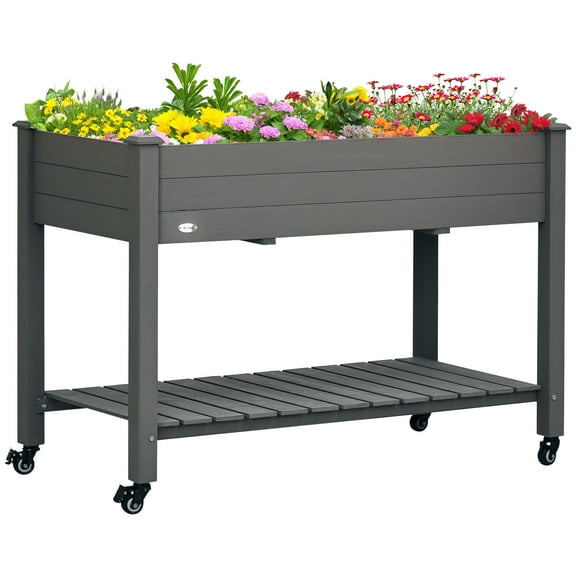Outsunny 47" x 21" Raised Garden Bed Elevated Wooden Planter Box w/ Lockable Wheels, Storage Shelf and Bed Liner for Backyard, Patio, Dark Gray