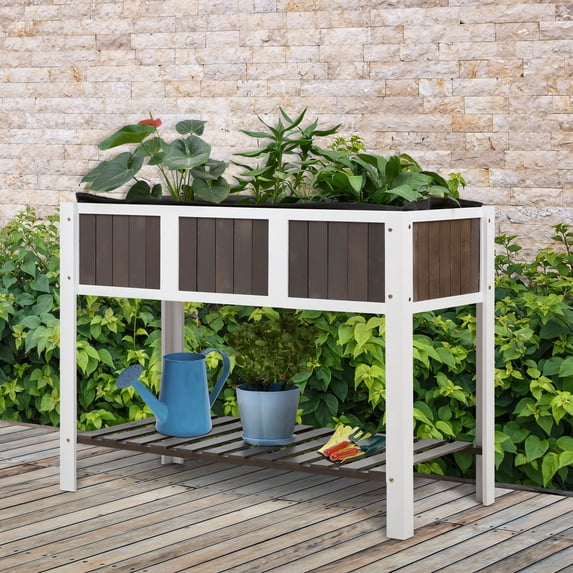 Outsunny 47'' x 23'' Raised Garden Bed w/ Storage Shelf, 2 Tiers Elevated Planter Box Stand for Vegetables, Flowers, Herbs Backyard, Patio, Balcony