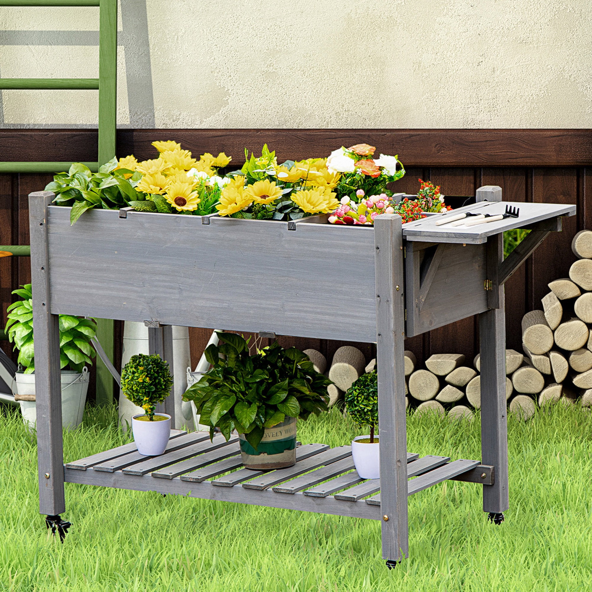 Gray Wooden Raised Garden Bed with Storage Shelf and Wheels