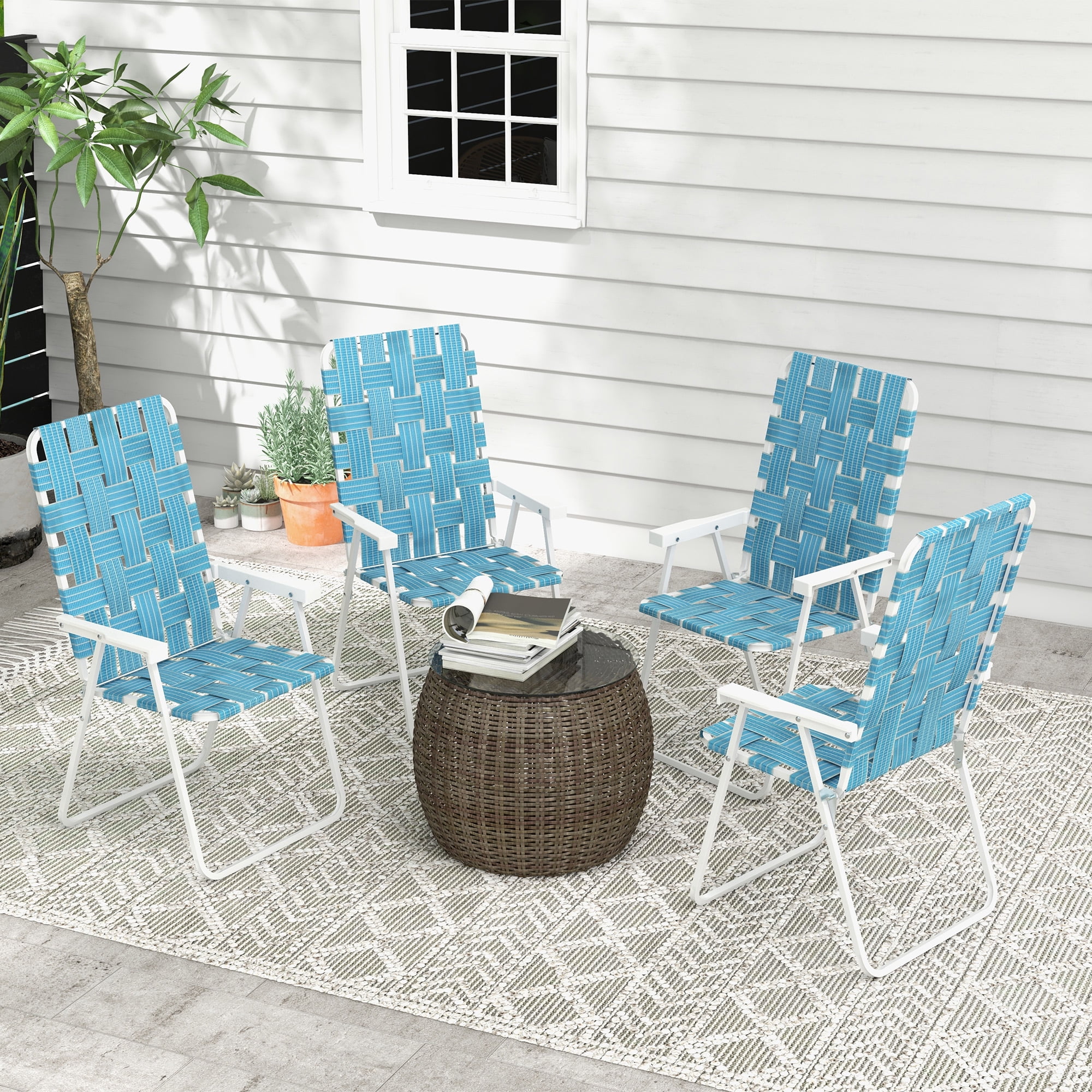 Set of 4 Blue Woven Strap Folding Patio Chairs with Armrests