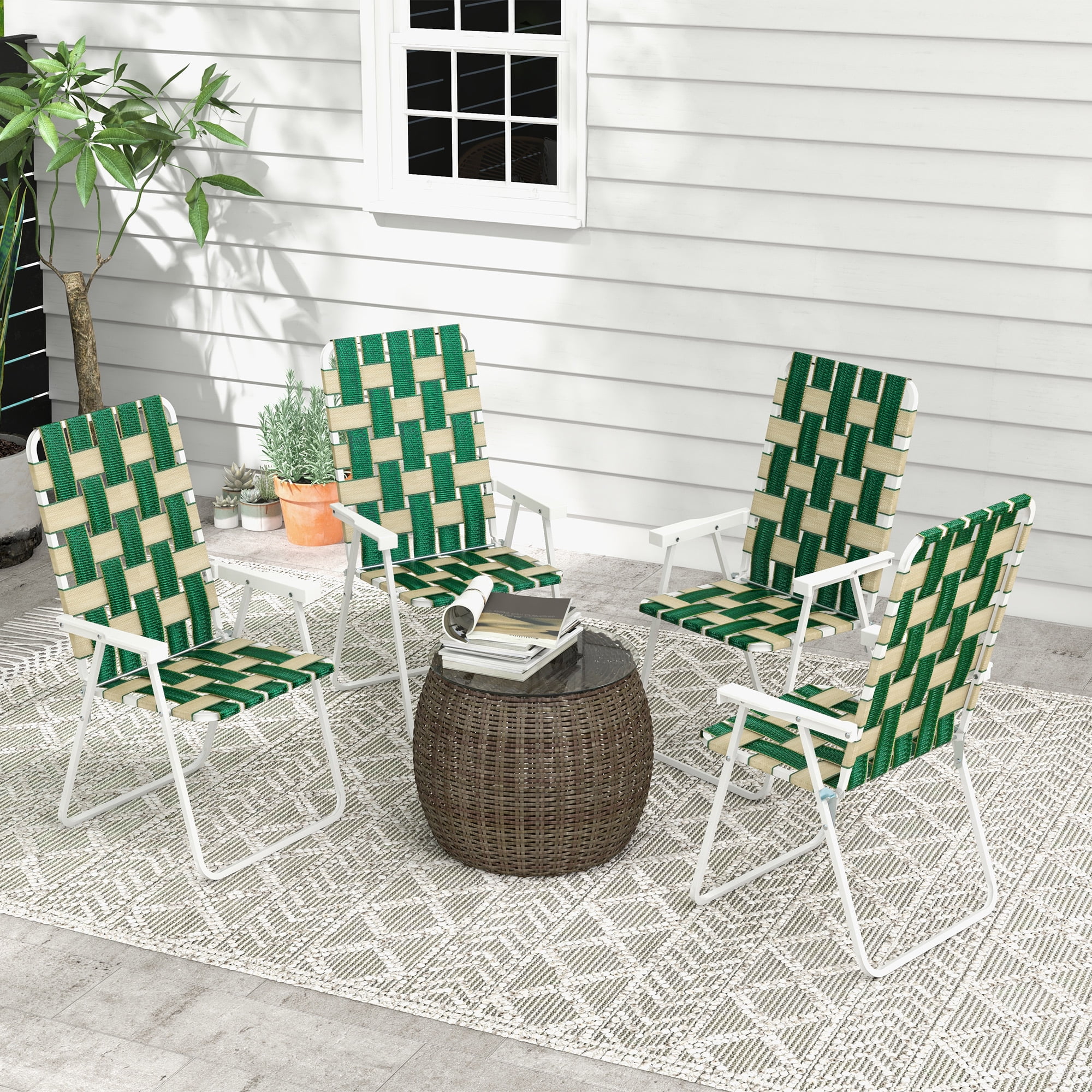 Set of 4 Green Woven Strap Folding Camping Chairs with Armrests