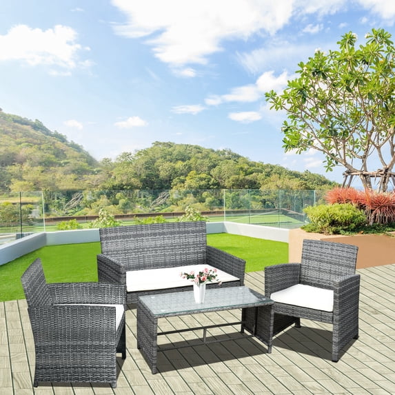 Outsunny 4pcs Wicker Outdoor Patio Furniture Set with Sofa and 2 Chairs, Rattan Conversation Sets with Cushions, 1 Center Table, Garden, Gray