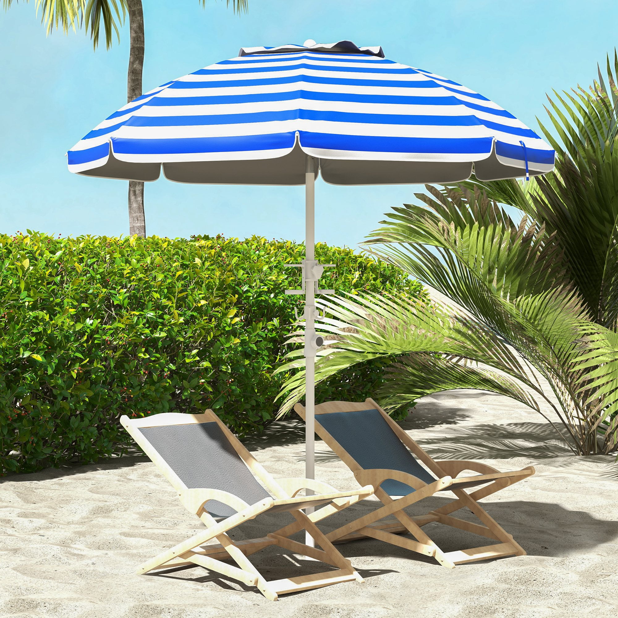 5.7 ft Blue and White Striped Beach Umbrella with Cup Holders