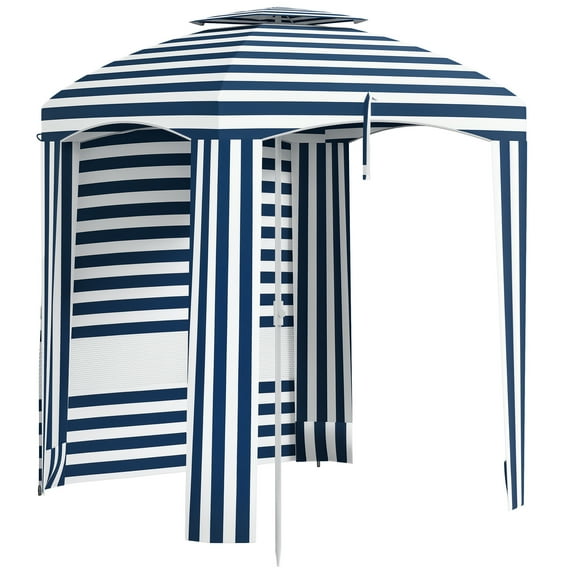 Patio Shades Outsunny 5.8' x 5.8' Portable Beach Umbrella with Double-Top, Ruffled Outdoor Cabana with Walls, Vents, Sandbags, Carry Bag, Blue & White Stripe,Garden Umbrellas