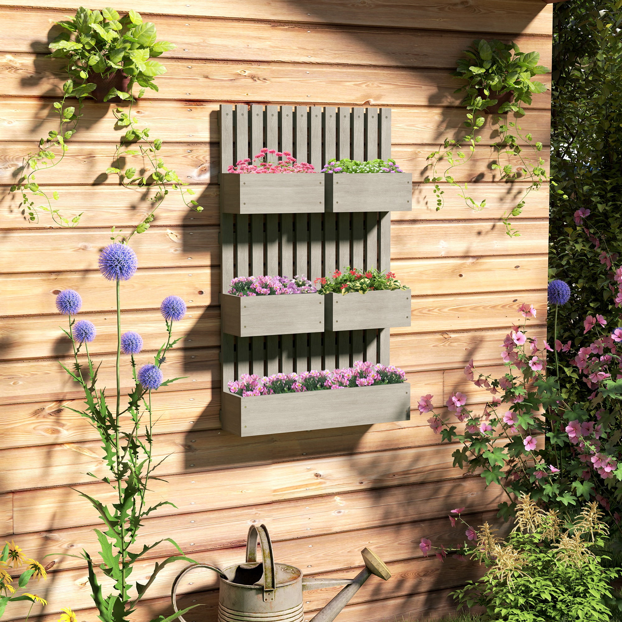 Gray Fir Wood Wall-Mounted Trellis Planter with Raised Garden Beds