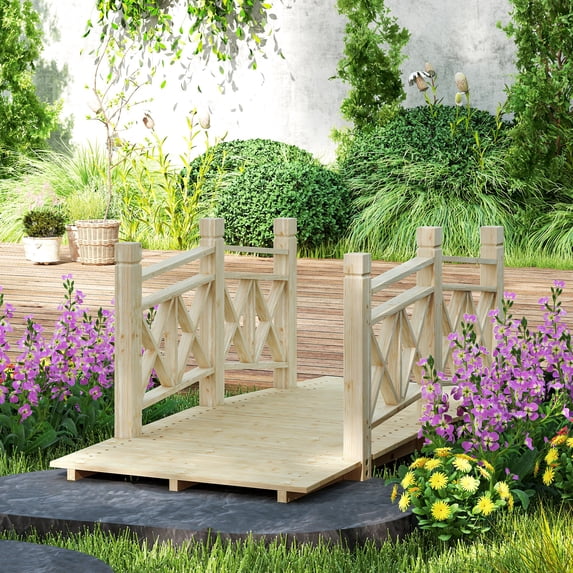 Outsunny 5 ft. Garden Bridge with Safety Rails, Wooden Outdoor Bridge for Backyard Ponds, Creeks, Streams, Nature Wood