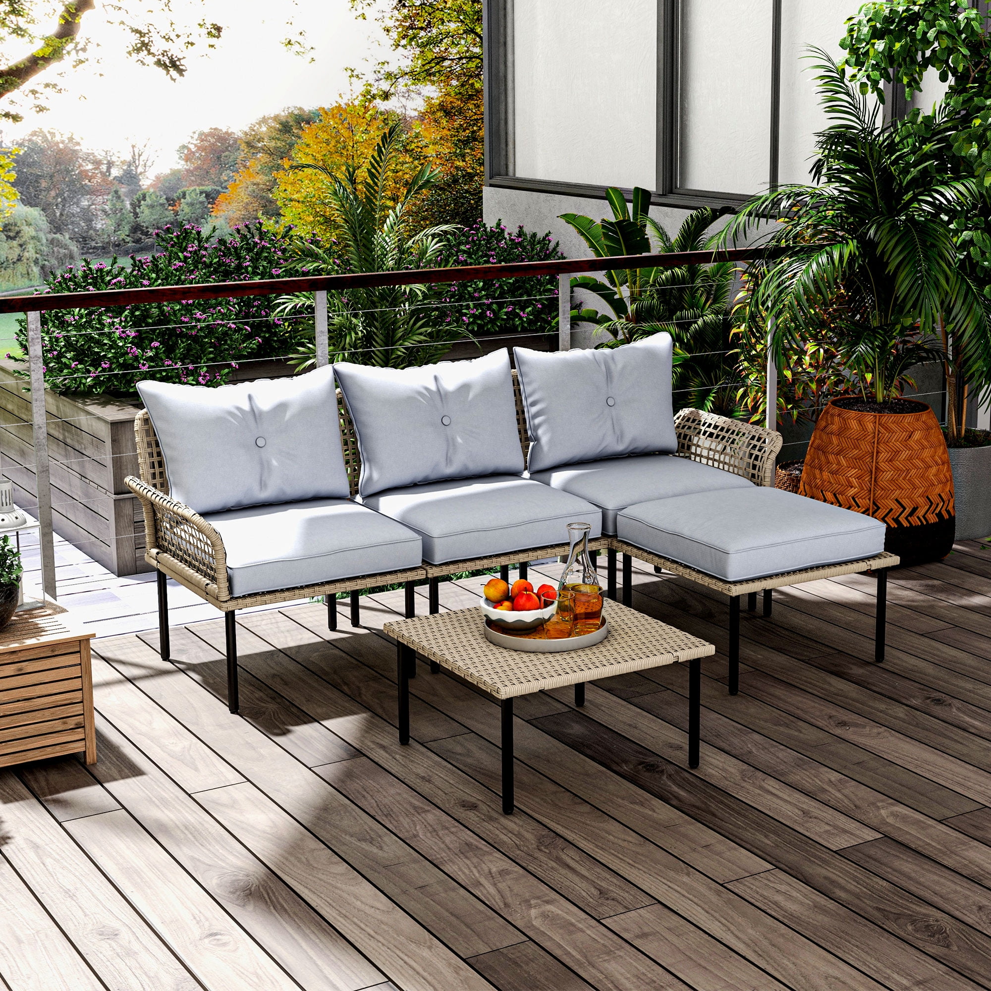 Light Gray 5-Piece Rattan Patio Furniture Set with Cushions